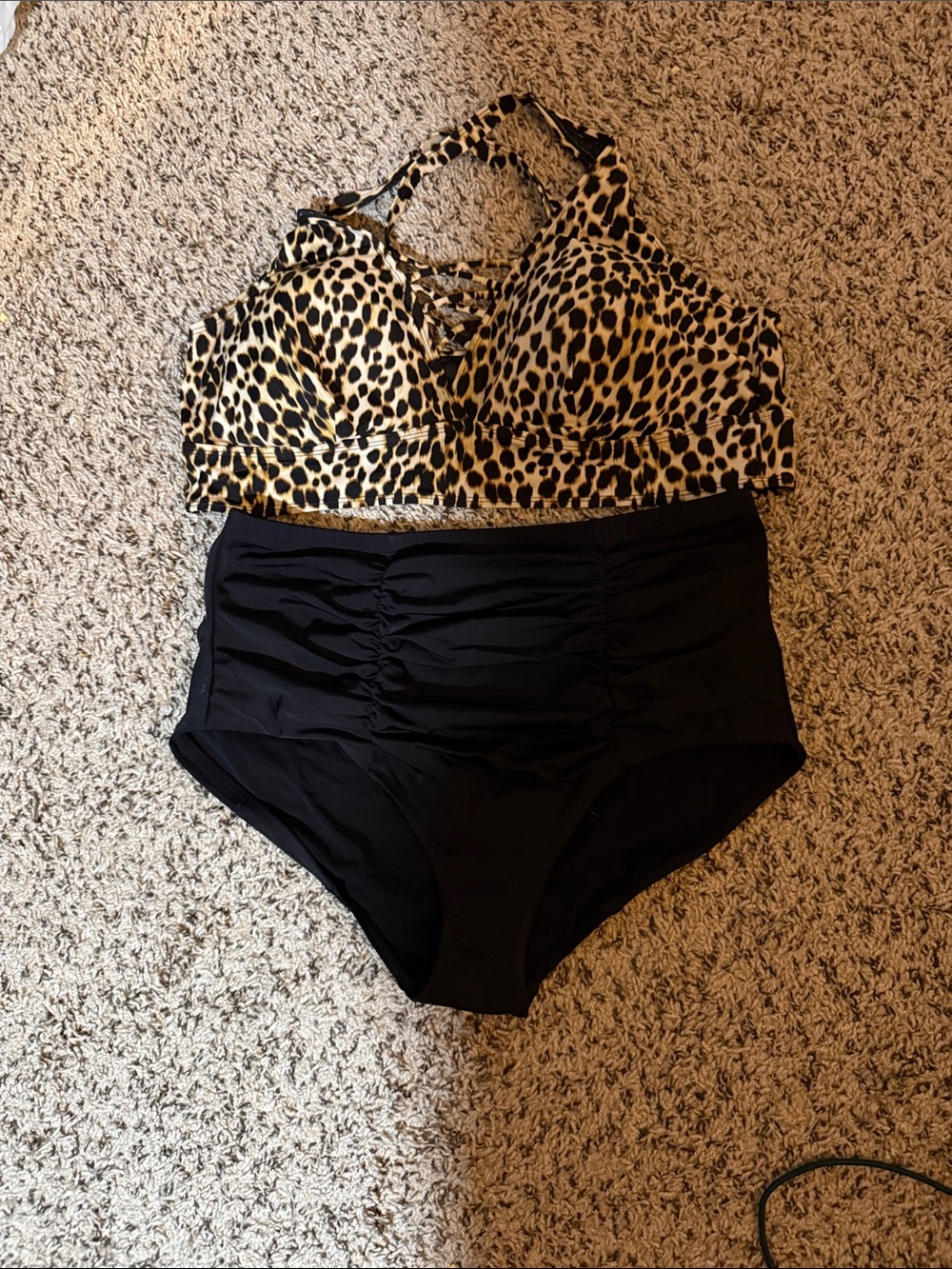 Womens Leopard Print Halter two- Piece with Black High-Waist Bottom